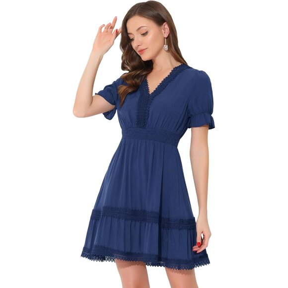 Dresses & Skirts - Women's Boho Crochet Trim V Neck Ruffled Tiered Smocked Summer Dress